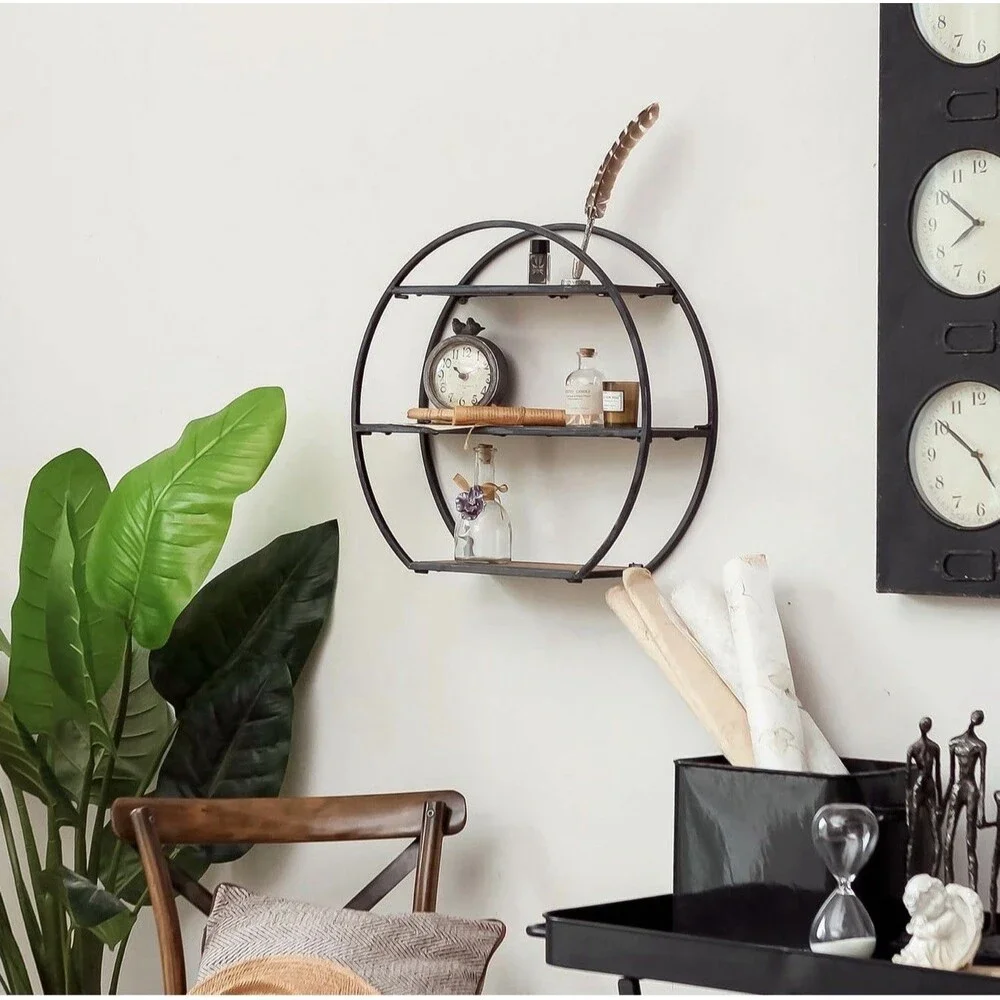 Industrial 3-Tier Semi-Circle Wall Shelves with Metal Bracket and Wood